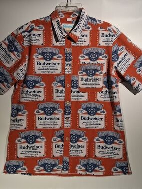Shinesty BUDWEISER Shirt  sz Large  All-over Print  Button-Front  Mahalo Nerds